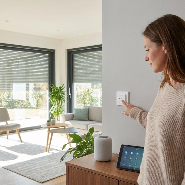 Frau bedient den smarten Nobily ZSM Home Rollladenschalter direkt an der Wand